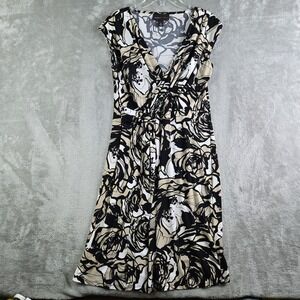 Dana Buchman Dress Small Black White Tan Floral‎ Faux Wrap V Neck Office Church